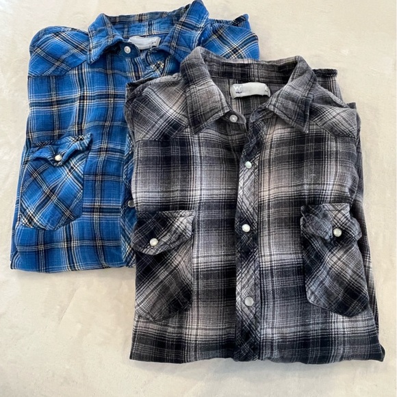wrangler Wrancher Other - (2) VTG Wrangler Wrancher Mens Large Pearl Snap Flannel Shirts Blue & Gray Plaid